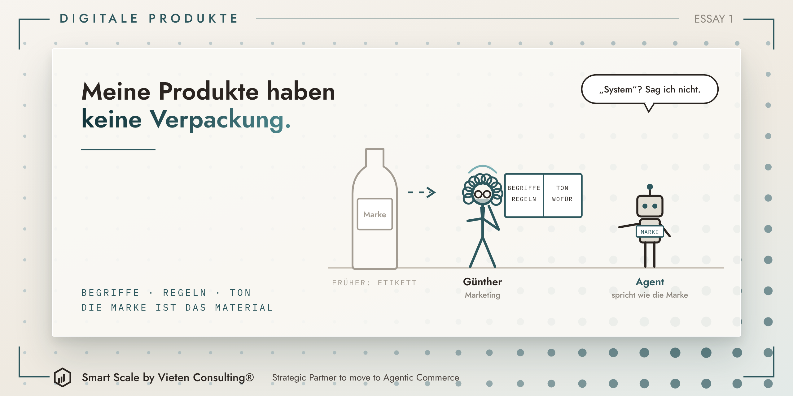 Früher trug das Etikett einer Flasche die Marke. Günther aus der Crew übergibt einem KI-Agenten das Markenbuch mit Begriffen, Regeln, Ton und Wofür. Der Agent sagt: System sag ich nicht.